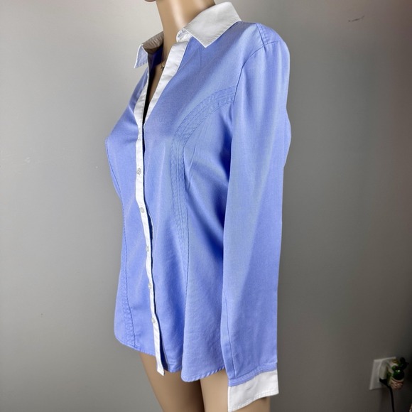 EXPRESS DESIGN STUDIO DRESS SHIRT WOMEN'S Sz M BUTTON-UP Blue With White Collar - Picture 8 of 16